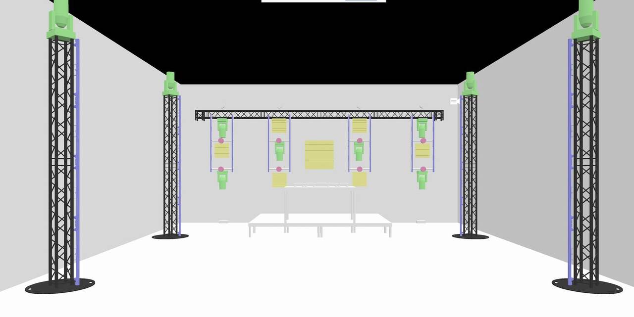 Modèle 3D : structures, barres LED verticales et blinders derrière la cabine
