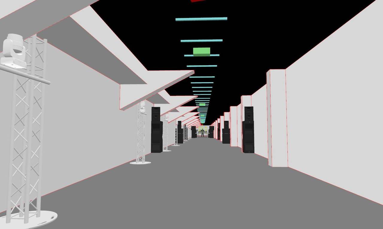 Modèle 3D de la coursive : barres LED au plafond et diffusion le long des piliers