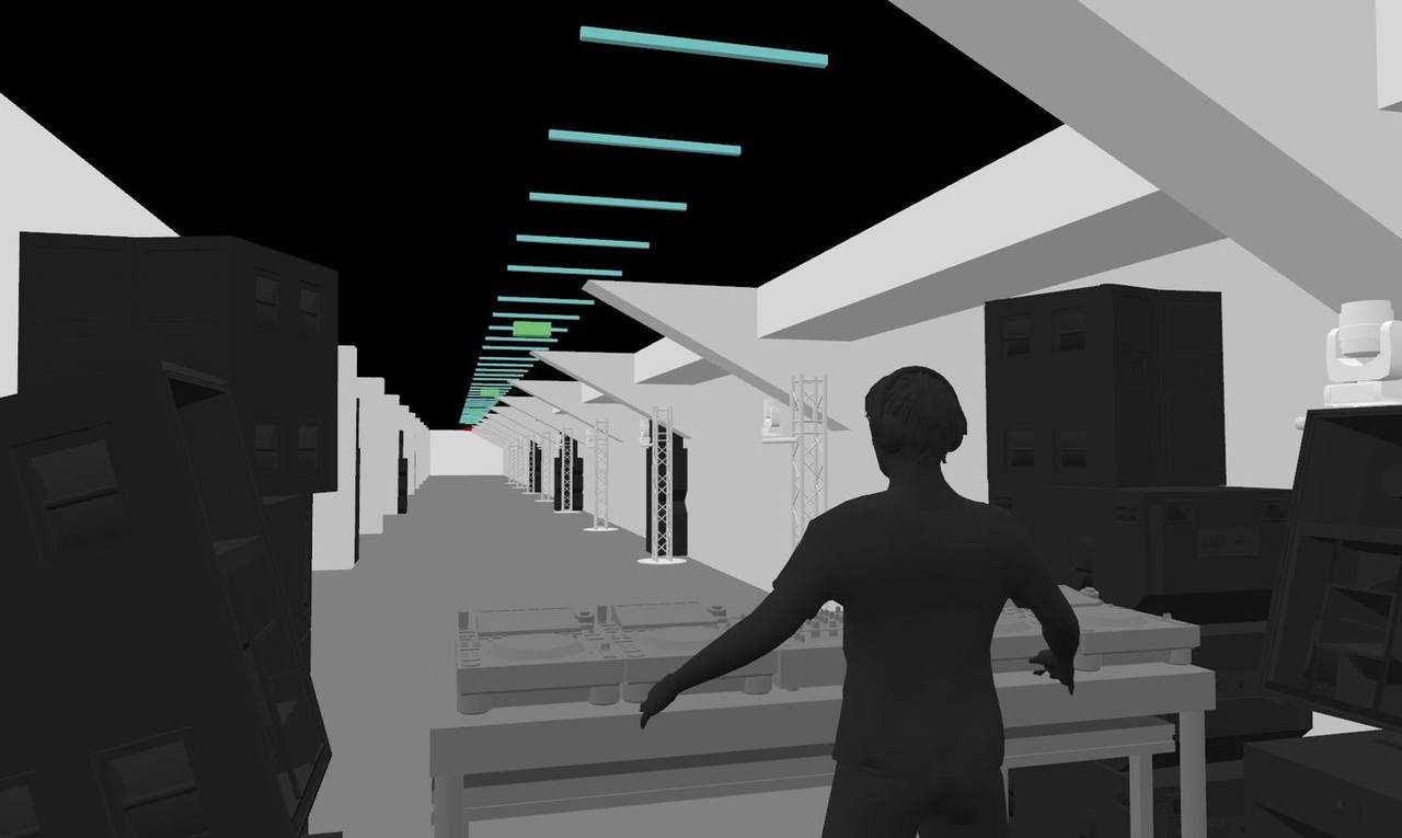 Modèle 3D depuis la cabine : l'enfilade des barres LED sur cinquante mètres