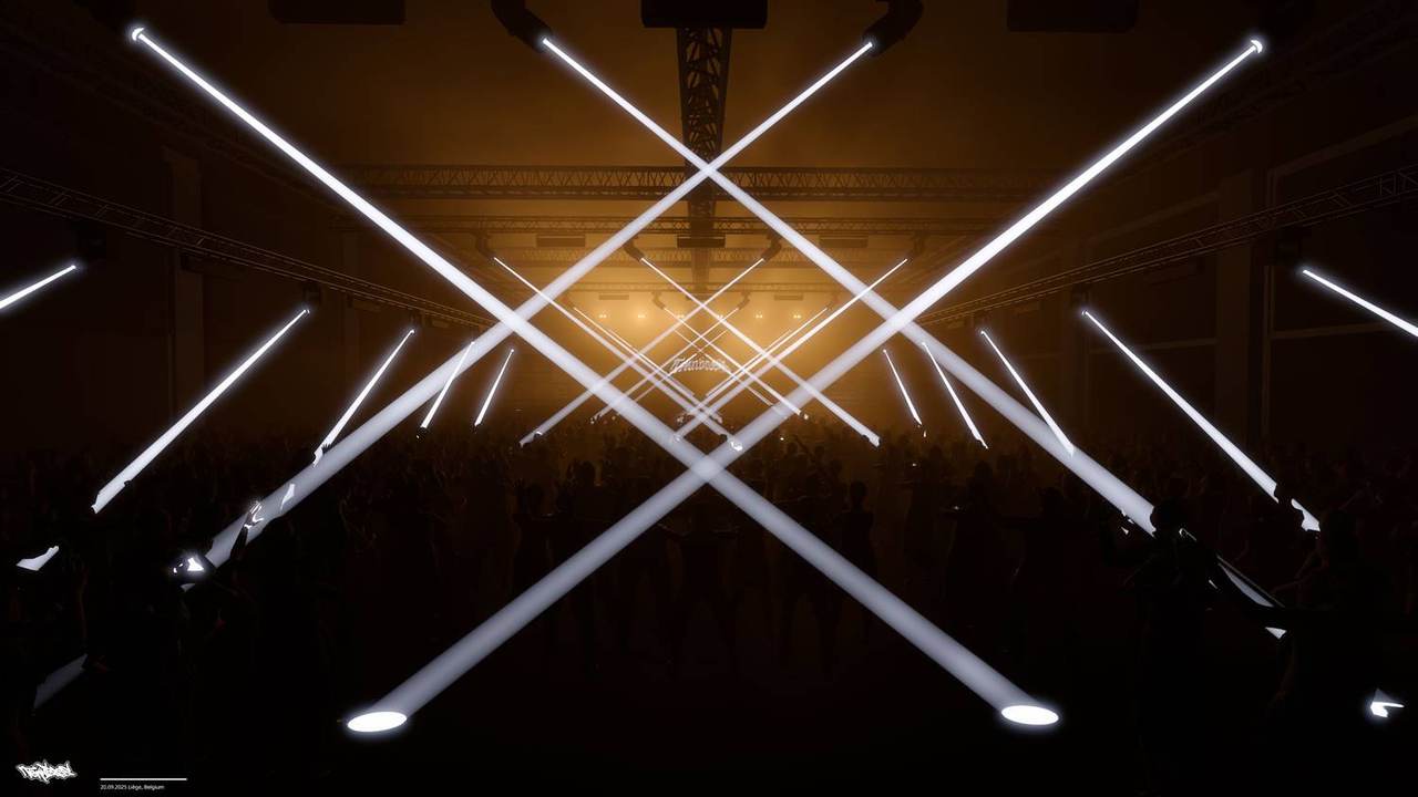 Croix de faisceaux blancs symétriques au-dessus du public