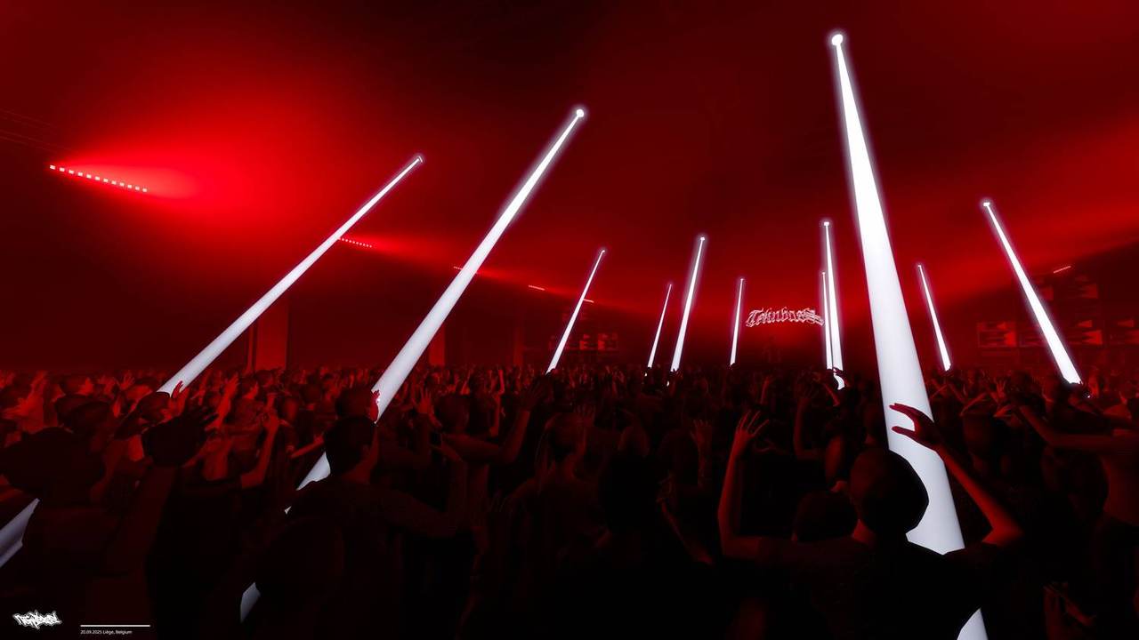 État rouge : piliers de lumière blancs sur la foule
